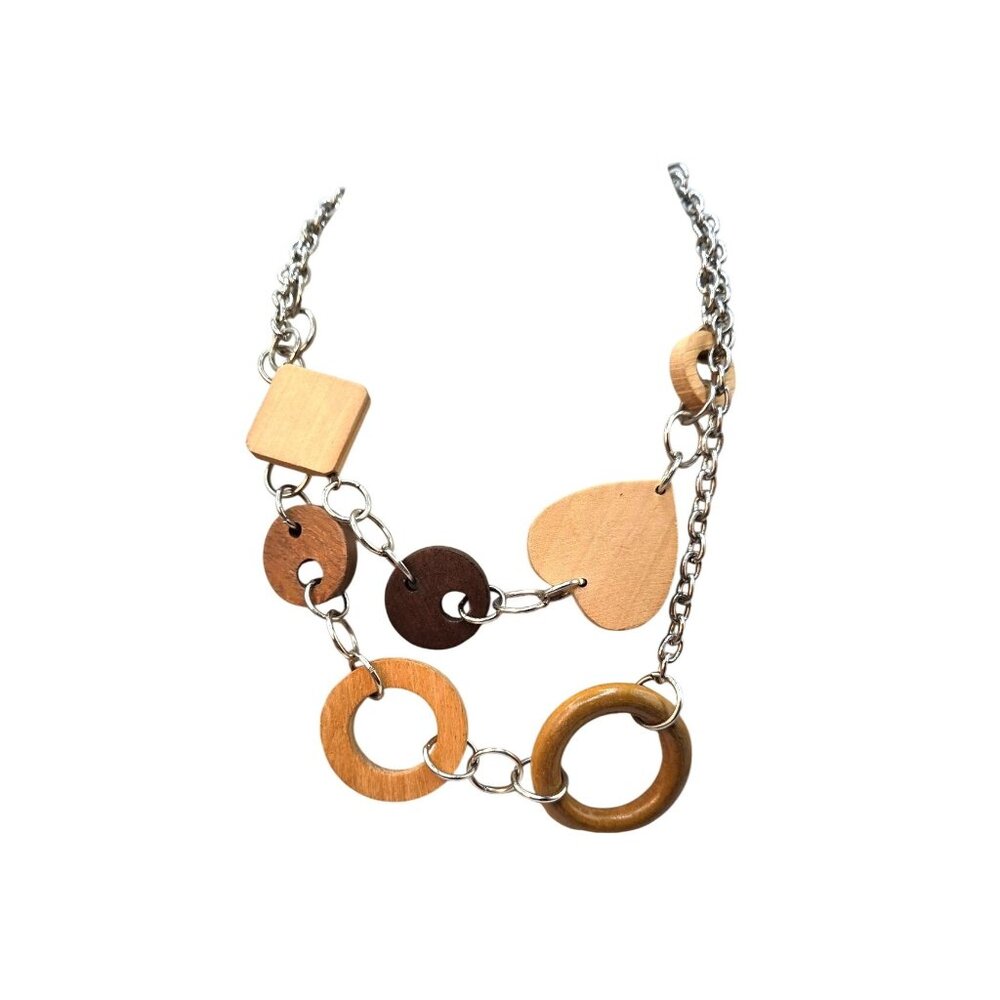 Wood & Metal Chunky Statement Necklace With Mixed Shapes